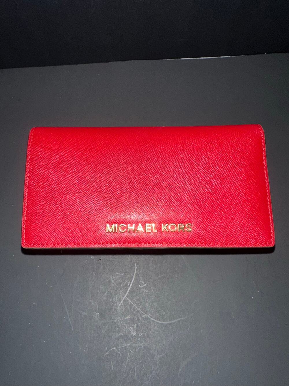 Michael Kors Red Saffiano Leather Large Trifold Wallet ID Window Gold Logo